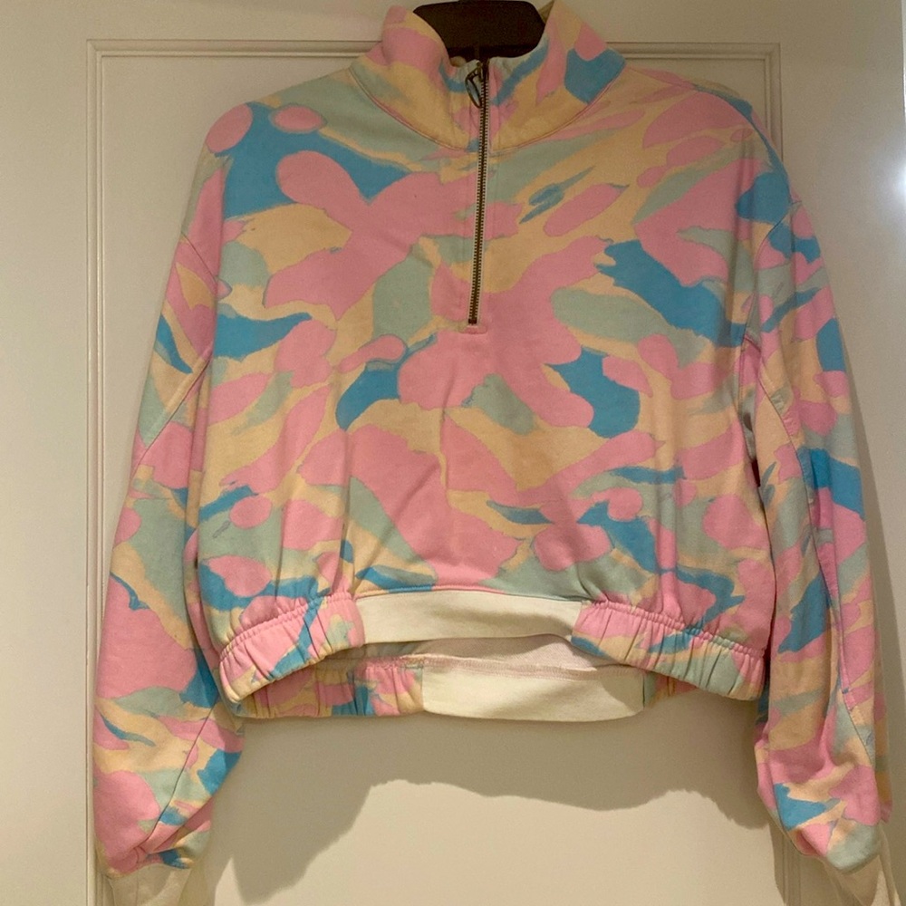 Abound Medium Pink and Blue Cropped Sweater with Zipper at Neck